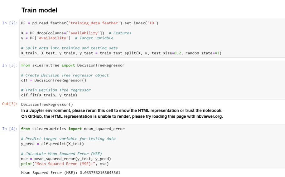 Decision tree training code snippet from the Bicing project slide deck