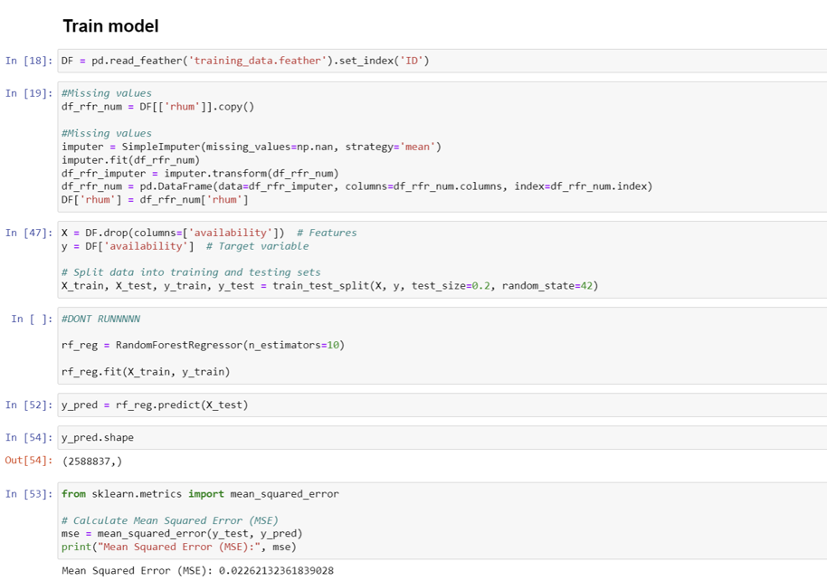 Random forest regressor training code snippet from the Bicing project slide deck
