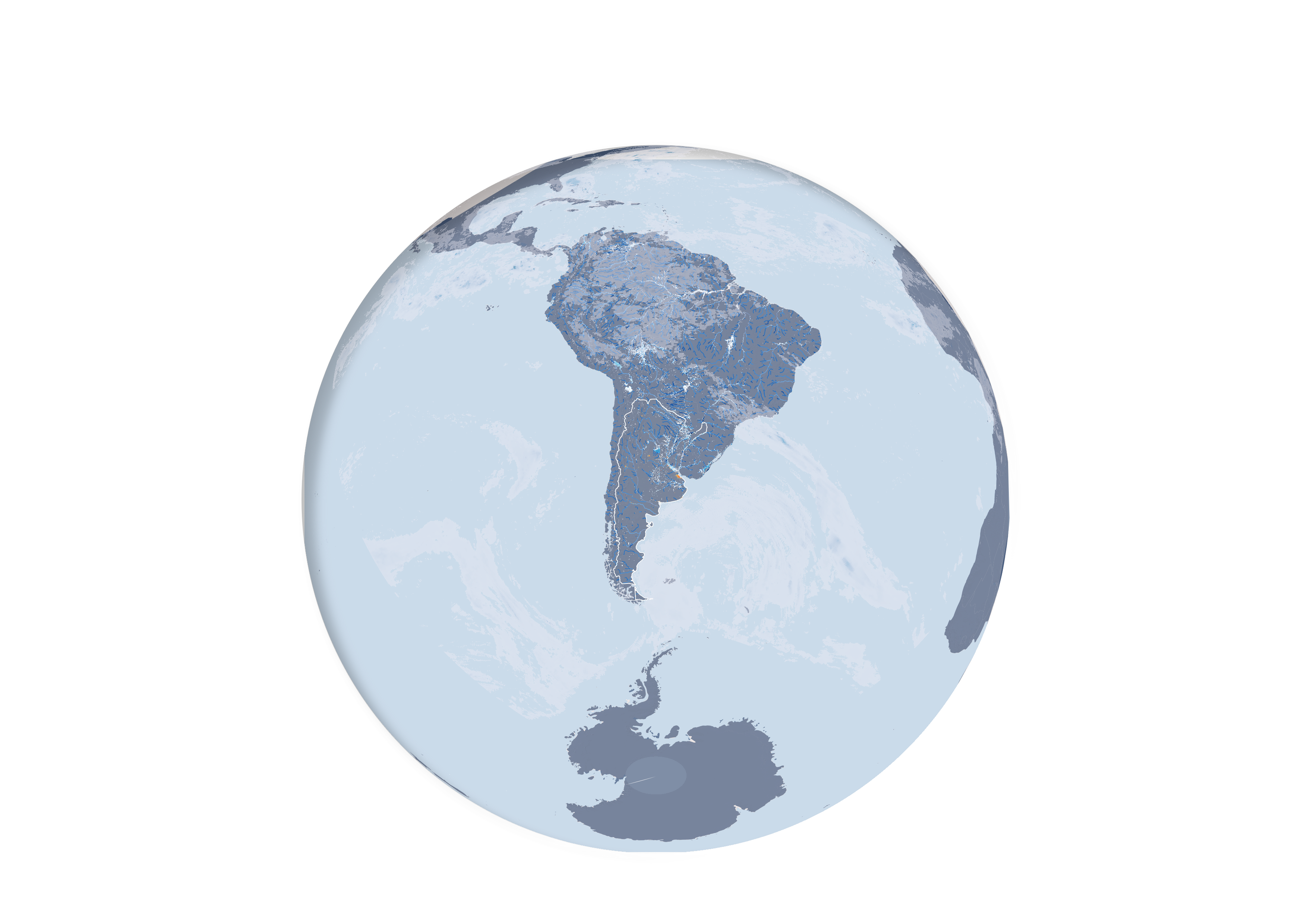 Globe centred on South America showing river networks and flood-risk regions